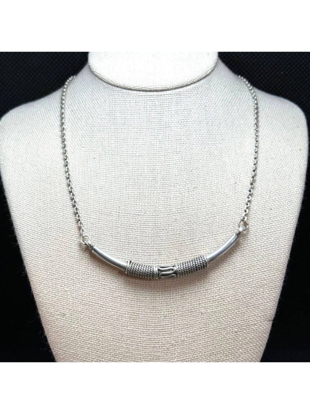 Indonesian Style Sterling Silver 925 Curved Station Necklace Size 16'' Length
